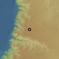 Shaded relief of the 56 km around Maw'tah, drawn from the GMTED2010 grid