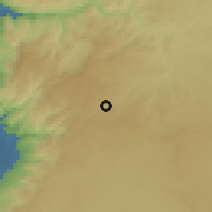 Shaded relief of the 56 km around Mušayrfat Rās al-'Ayn, drawn from the GMTED2010 grid