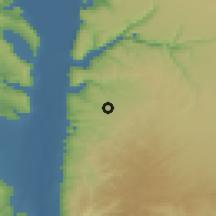 Shaded relief of the 56 km around Qumaym, drawn from the GMTED2010 grid