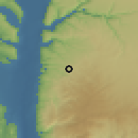 Shaded relief of the 56 km around Sammu', drawn from the GMTED2010 grid