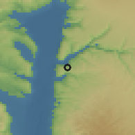 Shaded relief of the 56 km around Umm Qays, drawn from the GMTED2010 grid