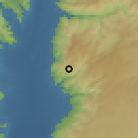 Shaded relief of the 56 km around Yarqā, drawn from the GMTED2010 grid