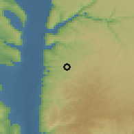 Shaded relief of the 56 km around aţ-Ţayyibah, drawn from the GMTED2010 grid