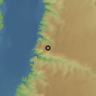 Shaded relief of the 56 km around aţ-Ţayyibah, drawn from the GMTED2010 grid