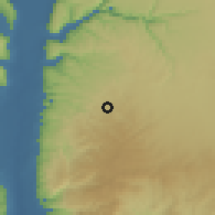 Shaded relief of the 56 km around Bayt Yāfā, drawn from the GMTED2010 grid