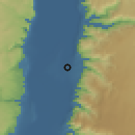 Shaded relief of the 56 km around Ġawr al-Mazra'ah, drawn from the GMTED2010 grid