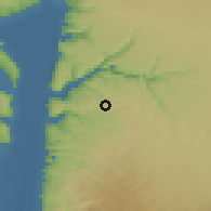 Shaded relief of the 56 km around H̨ātim, drawn from the GMTED2010 grid