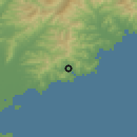 Shaded relief of the 53 km around Toejo, drawn from the GMTED2010 grid