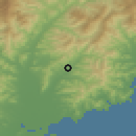 Shaded relief of the 53 km around Tŏksangwan, drawn from the GMTED2010 grid