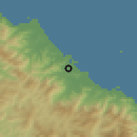 Shaded relief of the 54 km around Tongchŏn, drawn from the GMTED2010 grid