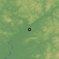Shaded relief of the 53 km around Ŭiju, drawn from the GMTED2010 grid