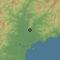 Shaded relief of the 53 km around Hamhŭng, drawn from the GMTED2010 grid