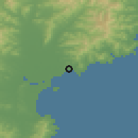 Shaded relief of the 53 km around Hŭngnam, drawn from the GMTED2010 grid