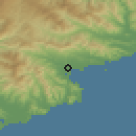 Shaded relief of the 53 km around Iwŏn, drawn from the GMTED2010 grid