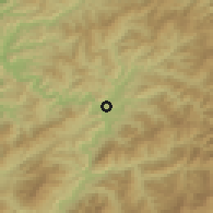 Shaded relief of the 53 km around Kanggye, drawn from the GMTED2010 grid
