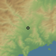 Shaded relief of the 53 km around Kilchu, drawn from the GMTED2010 grid