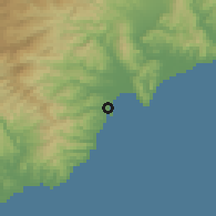 Shaded relief of the 53 km around Kimchaek, drawn from the GMTED2010 grid