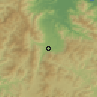 Shaded relief of the 54 km around Kosan, drawn from the GMTED2010 grid