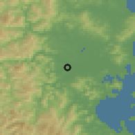Shaded relief of the 53 km around Kowŏn, drawn from the GMTED2010 grid