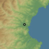 Shaded relief of the 53 km around Kyŏngsŏng, drawn from the GMTED2010 grid