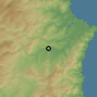 Shaded relief of the 53 km around Myŏngan, drawn from the GMTED2010 grid