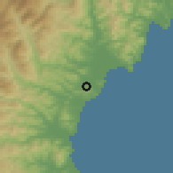 Shaded relief of the 53 km around Nanam, drawn from the GMTED2010 grid