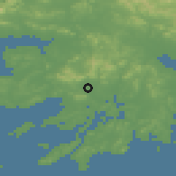 Shaded relief of the 54 km around Ongjin, drawn from the GMTED2010 grid