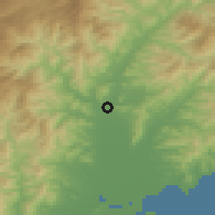 Shaded relief of the 53 km around Oro, drawn from the GMTED2010 grid