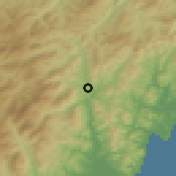 Shaded relief of the 53 km around Puryŏng, drawn from the GMTED2010 grid