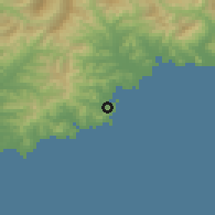 Shaded relief of the 53 km around Samho, drawn from the GMTED2010 grid