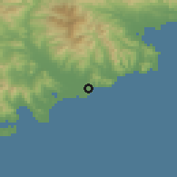 Shaded relief of the 53 km around Sinchang, drawn from the GMTED2010 grid