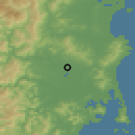 Shaded relief of the 53 km around Sinpŭng, drawn from the GMTED2010 grid
