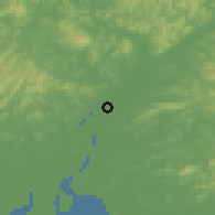 Shaded relief of the 53 km around Sinŭiju, drawn from the GMTED2010 grid