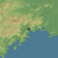 Shaded relief of the 52 km around Sonbŏng, drawn from the GMTED2010 grid