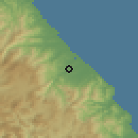 Shaded relief of the 54 km around Kangnŭng, drawn from the GMTED2010 grid