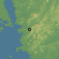Shaded relief of the 54 km around Poryong, drawn from the GMTED2010 grid