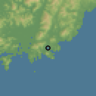 Shaded relief of the 55 km around Pusan, drawn from the GMTED2010 grid