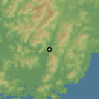 Shaded relief of the 55 km around Yangsan, drawn from the GMTED2010 grid