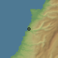 Shaded relief of the 55 km around ad-Dāmūr, drawn from the GMTED2010 grid