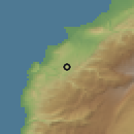 Shaded relief of the 55 km around Amyūn, drawn from the GMTED2010 grid