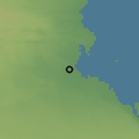 Shaded relief of the 56 km around at-Tamīmī, drawn from the GMTED2010 grid