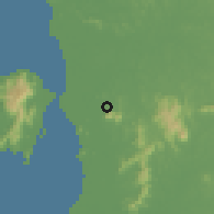 Shaded relief of the 60 km around Berapit, drawn from the GMTED2010 grid