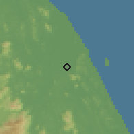 Shaded relief of the 60 km around Binjai Rendah, drawn from the GMTED2010 grid