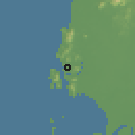 Shaded relief of the 60 km around Damar Laut, drawn from the GMTED2010 grid