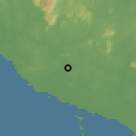Shaded relief of the 60 km around Durian Tunggal, drawn from the GMTED2010 grid