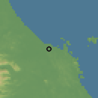 Shaded relief of the 60 km around Endau, drawn from the GMTED2010 grid