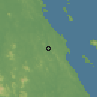 Shaded relief of the 60 km around Jemaluang, drawn from the GMTED2010 grid