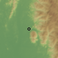 Shaded relief of the 60 km around Jeram, drawn from the GMTED2010 grid