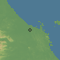 Shaded relief of the 60 km around Kampong Hubong, drawn from the GMTED2010 grid