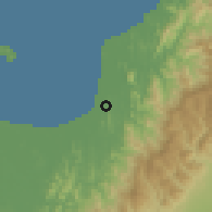Shaded relief of the 60 km around Kimanis, drawn from the GMTED2010 grid